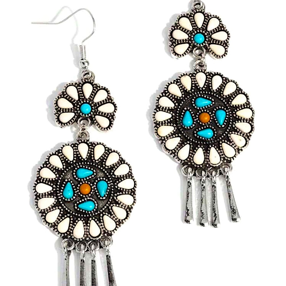 Boho Turquoise and White Stone Dangle Earrings - Picture 7 of 8